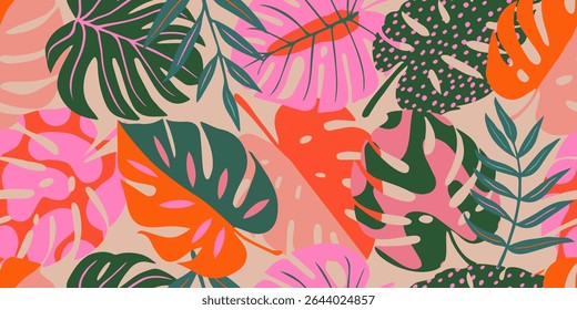 Abstractas patrón de hojas tropicales sin fisuras con estilo colorido. Diseño moderno de impresión de follaje para tela, textiles, prendas de vestir, envases, cubiertas, Anuncios, decoración del hogar y fondos. Ilustraciones vectoriales.
