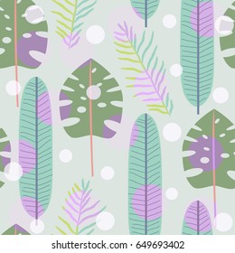 Abstract tropical leaves seamless pattern with various circles. Vector illustration.