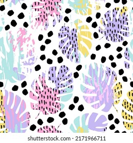 Resumen de hojas tropicales con textura, garabato, fondo de pincel. Razo pintado a mano, puntos, manchas, manchas de textura mínima de la hoja monstera patrón sin fisuras. Diseño de impresión mínimo. Arte vectorial
