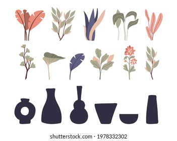 Abstract tropical leaves in vase constructor. Hand drawn botanical minimalist branches in natural colors boho style and pottery ceramic pots. Trendy decor modern bohemian illustration, vector set
