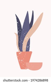 Abstract tropical leaves in vase. Hand drawn botanical minimalist composition in natural colors with texture. Trendy interior poster, banner or print. Modern bohemian illustration, vector background