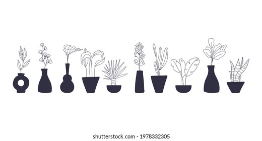 Abstract tropical leaves in vase set. Hand drawn botanical minimalist branches in black white colors boho style and pottery ceramic pots. Trendy decor modern bohemian vector illustration