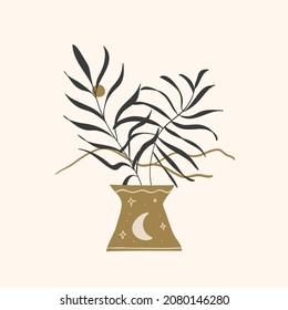 Resumen de hojas tropicales en un jarrón. Ilustración vectorial en estilo bohemio de moda sobre fondo de color. Elemento de diseño celeste. Diseño moderno y plano. Concepto de impresión de Boho.