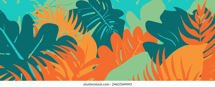 Ilustración vectorial de hojas tropicales Abstractas sobre un fondo oscuro. Diseño plano de dibujos animados de una variedad de hojas de colores en un estilo tropical. Los colores vibrantes y las Formas abstractas crean una exuberante