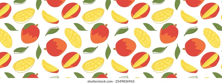 Patrón de mango tropical Abstractas en estilo plano. Patrón sin fisuras de frutas frescas y deliciosas. Vector de fondo. Frescura de verano para la salud. Para el fondo, jugo, helado o embalaje.