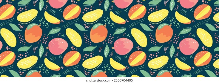 Patrón de mango tropical Abstractas en estilo plano. Patrón sin fisuras de frutas frescas y deliciosas. Vector de fondo. Frescura de verano para la salud. Para el fondo, jugo, helado o embalaje.