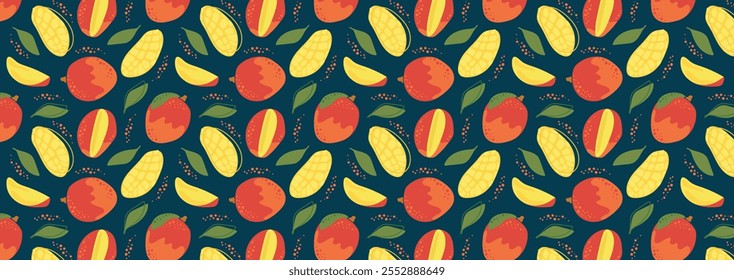 Patrón de mango tropical Abstractas en estilo plano. Patrón sin fisuras de frutas frescas y deliciosas. Vector de fondo. Frescura de verano para la salud. Para el fondo, jugo, helado o embalaje.