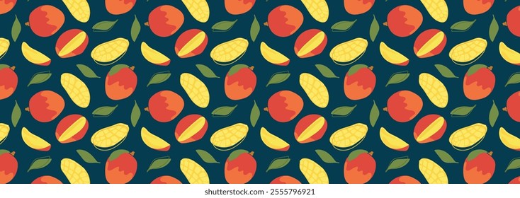 Abstract tropical mango pattern in flat style. Fresh, delicious fruit seamless pattern. Vector background. Summer freshness for health. For background, juice, ice cream or packaging.