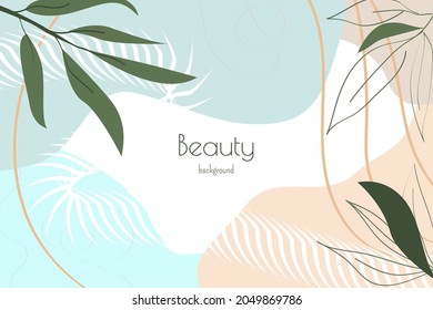 Abstract tropical modern background with leaves, geometric liquid shapes. Fashion template for design card, flyer, print etc