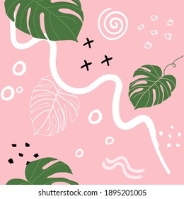 Abstract tropical monstera leaf, geometric shape seamless pattern pink background. Modern exotic design for paper, cover, fabric, interior decor and other users.