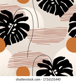 Abstract tropical monstera leaf silhouette, geometric shape, grunge texture background. Nature seamless pattern. Vector summer illustration for textile, fabric, modern backdrop in geo minimal design