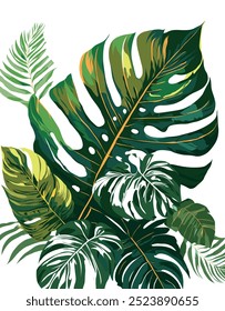 Abstractas hojas tropicales y monstera en colores sobre fondo blanco, Vector e ilustración.