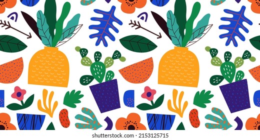 Abstract tropical nature plant seamless pattern with colorful freehand doodles. Modern flat cartoon background, cactus houseplant shapes in bright trendy colors. 