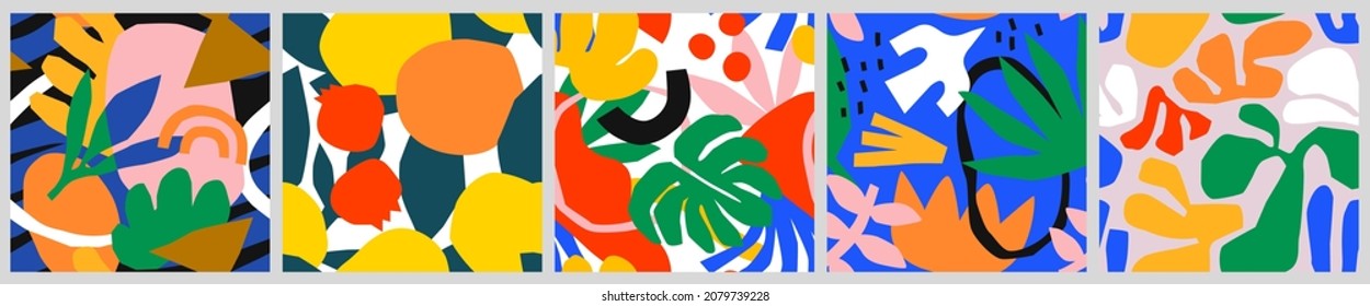 Abstract tropical nature seamless pattern set with colorful freehand doodles. Modern flat cartoon background collection, simple random cutout shapes in bright trendy colors. 