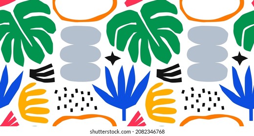 Abstract tropical nature seamless pattern with colorful freehand doodles. Modern flat cartoon background, simple random cutout shapes in bright trendy colors. 