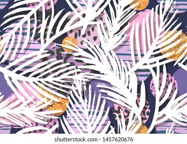 Abstract tropical ornament. Palm branches and brush strokes. Seamless pattern