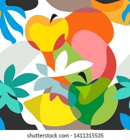 Abstract tropical painting. Seamless vector pattern with geometric apples and flowers. Summer swimwear textile collection. Colorful on dark.