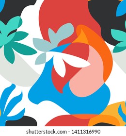 Abstract tropical painting. Seamless vector pattern with geometric leaves and flowers. Summer swimwear textile collection. Colorful on white.