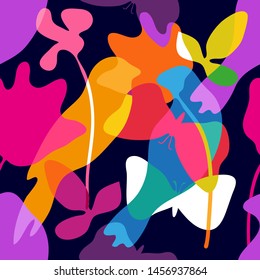 Abstract tropical painting. Seamless vector pattern with geometric birds, butterflies and flowers. Summer swimwear textile collection. Colorful on dark.