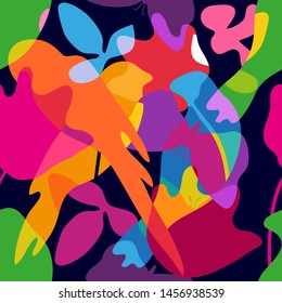 Abstract tropical painting. Seamless vector pattern with geometric birds, butterflies and flowers. Summer swimwear textile collection. Colorful on black.