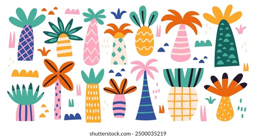 Abstract tropical palm exotic trees with geometric design and cute funny pattern isolated set on white background. Beach and jungle plants trendy art vibrant prints decoration vector illustration