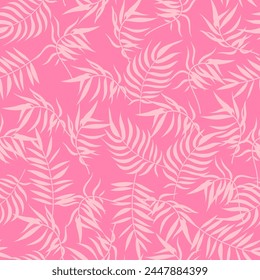 Abstrakte tropische Palmblatt nahtlose Muster. Trendige Sommertextur, Palmblätterdruck auf rosa Hintergrund. Vektorgrafik-Muster für Stoff, Einwickelpapier, Dekorelement, Bildschirmhintergründe, Naturprodukt-Abdeckung.