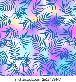 Abstract tropical palm leaf seamless pattern. Trendy summer holographic texture, blue palm leaves print on neon gradient background. Vector jungle pattern for wrapping, decor, wallpapers, cover.