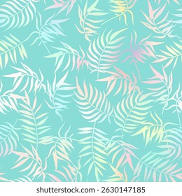 Abstrato padrão sem emenda de folha de palmeira tropical. Textura holográfica do verão na moda, folhas de palma gradiente do néon imprimir no fundo turquesa. Padrão de selva vetorial para empacotamento, decoração, papéis de parede, capa.