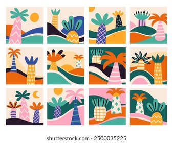 Abstract tropical palm trees design exotic nature beach landscape pattern isolated travel set. Graphic prints with natural background for summer poster wallpaper. Vacation vector illustration