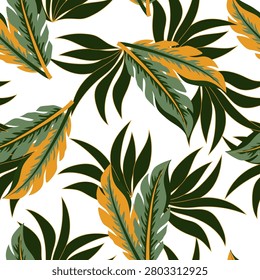 Abstract tropical pattern with colorful plants and leaves on a bright background. Summer colorful hawaiian seamless pattern with tropical plants. Tropic leaves in bright colors. Exotic wallpaper.