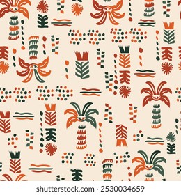 Abstract tropical pattern with earthy colors of orange, red, and green. Features floral and geometric elements, ideal for textiles, wallpaper, and backgrounds with modern tribal and natural vibes