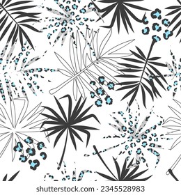 Abstract tropical pattern with exotic leaves and leopard print. Vector seamless floral print
