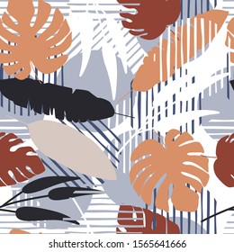 Abstract tropical pattern with exotic palm leaves. Botanical leaf and geometric shapes wallpaper. 
Design for printing, textile, fabric, fashion, interior, wrapping paper. Vector illustration