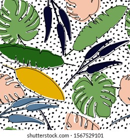 Abstract tropical pattern with exotic palm leaves on dots background.   Vector illustration