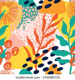 Abstract tropical pattern with geometrical shapes, brush spots, dots and leaves. Vector seamless pattern in bright color and collage style. Summer nature grunge texture background. Modern wallpaper.