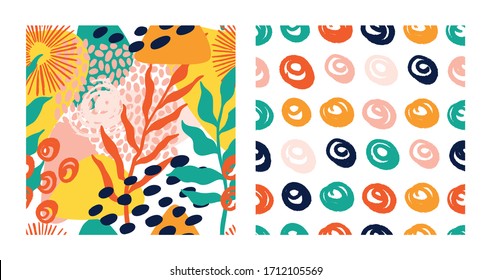 Abstract tropical pattern with geometrical shapes, brush spots, dots and leaves. Vector seamless pattern in bright color , collage style. Summer grunge texture background with circle. Modern wallpaper