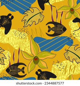 Abstract tropical pattern. Hand drawn overlapping background for your design.