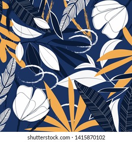 Abstract tropical pattern with leaves and plants on a blue background. Vector design. Jungle print. Textiles and printing. Floral background.