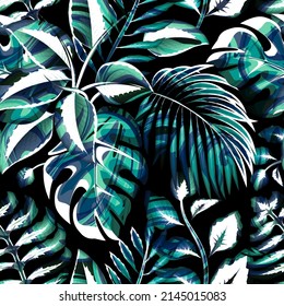 abstract tropical pattern with monstera and coconut plants foliage on night background. night jungle wallpaper. natural decorative. nature pattern. Exotic tropics. Summer design