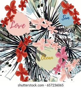 Abstract tropical pattern with palm leafs and spots. Love, sun, ocean