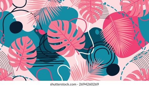 Abstract tropical pattern with palm leaves and organic shapes in vibrant pink and teal.