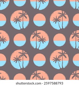 Abstract tropical pattern with palm trees. Polka dot seamless summer print