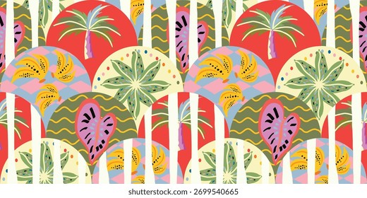 Padrão tropical abstrato com palmeiras e frutos redondos em formato de faixa vertical usando tons de azeitona, rosa e creme. Perfeito para tecido e decoração