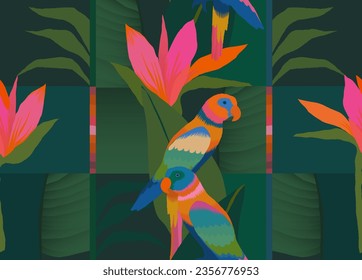 Abstract tropical pattern with parrots. Colorful botanical collage contemporary seamless pattern. Hand drawn unique print.