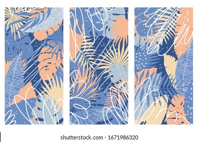 Abstract tropical plant background. Hand drawn plant cover template for birthday card, summer party invitation, seasonal sale, modern art gallary advertising, t shirt picture or bag print etc. 