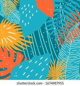 Abstract tropical plant background. Hand drawn plant cover template for birthday card, summer party invitation, seasonal sale, modern art gallary advertising, t shirt picture or bag print etc. 