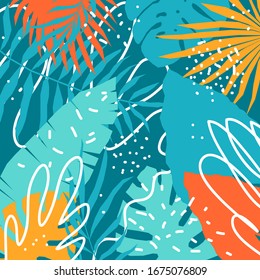 Abstract tropical plant background. Hand drawn plant cover template for birthday card, summer party invitation, seasonal sale, modern art gallary advertising, t shirt picture or bag print etc. 