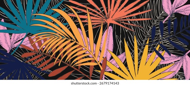 Vetor de fundo de planta tropical abstrato. Folhas botânicas tropicais coloridas de boho e padrão floral. Ilustração para banner de venda de verão, arte de parede, impressões e tecidos.