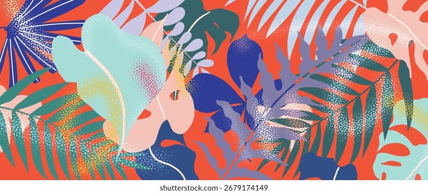 Abstract tropical plant background vector. Colorful boho foliage botanical tropical leaves and floral pattern. Illustration for summer sale banner , wall art, prints and fabrics.