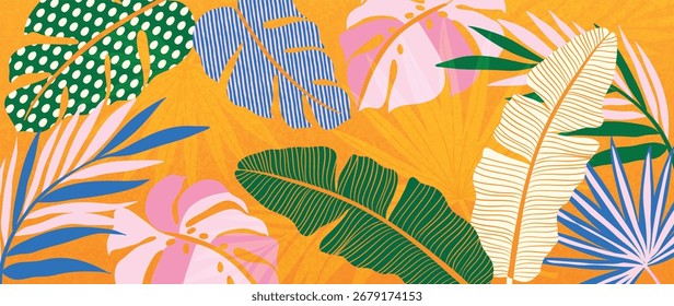 Abstractas Vector de fondo de plantas tropicales. Follaje boho colorido, hojas tropicales botánicas y patrón floral. Ilustración para el Anuncio de la venta del verano, arte de la pared, impresiones y telas.